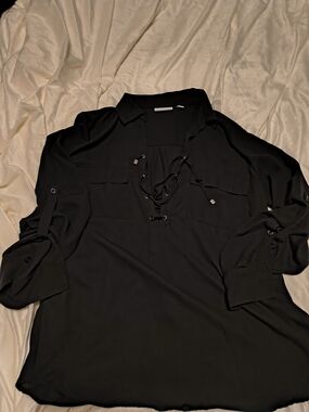 Women's New York & Company Black Lace-Up Collar Button-Down Shirt